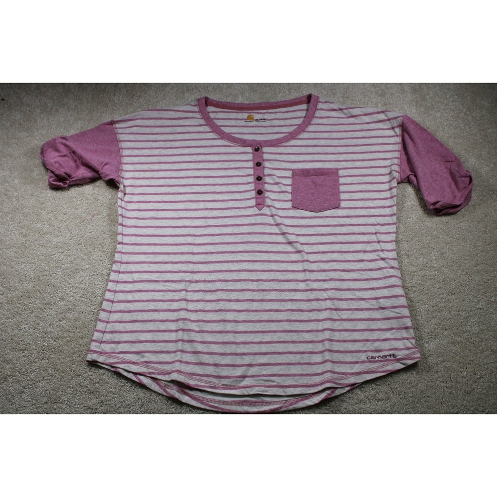 Carhartt Womens XL Striped Pink Henley Pocket Sleeve Top‎ Comfy Workwear